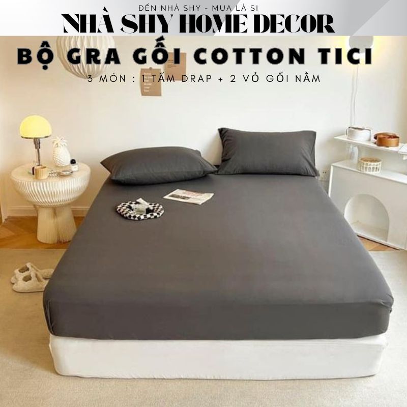 Bộ Drap Giường Và Vỏ Gối Cotton Tici Cao Cấp - Đủ Màu - Gra gối Hàn Quốc - Grap lẻ + 2 vỏ gối - Nhà Shy Home Decor