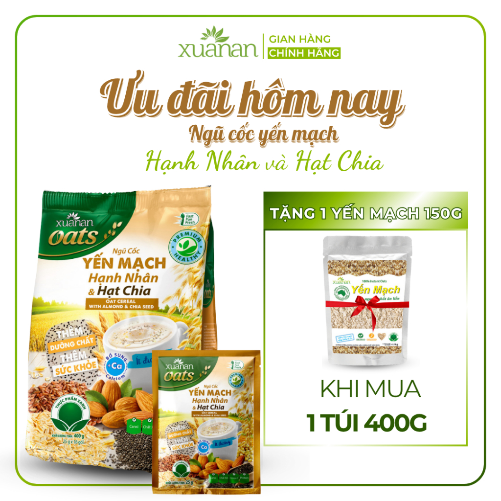  Ngũ Cốc Yến Mạch Hạnh Nhân Hạt Chia Xuân An  ít đường  Túi 400G {25g*16 gói} Tặng 1túi YếnMạch 150g  