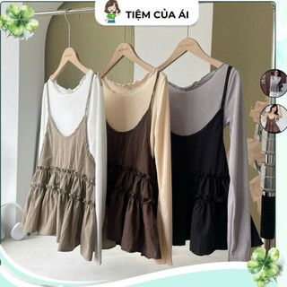  Set Áo Yếm 2 Dây Gió Hàn và Áo Thun Giấy Cổ Thuyền Tay Dài Vintage Babydoll 