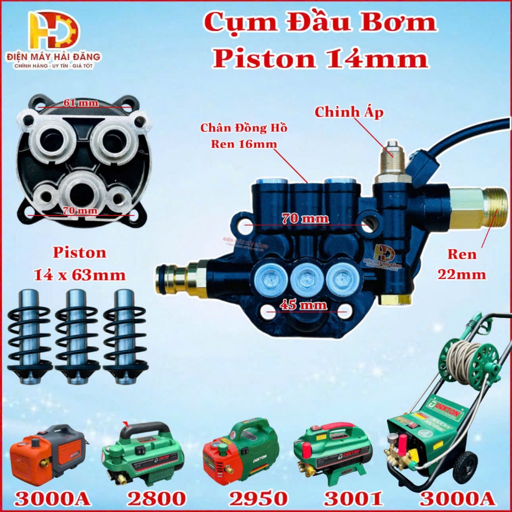 Cụm đầu bơm Piston 14mm.Dùng thay thế cho máy rửa xe gia đình.Dekton- Boss . v..v.v. Hàng đẹp.BH 6 T