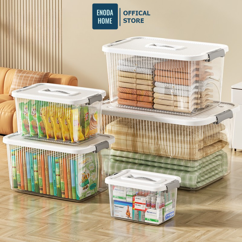 Thùng Nhựa Có Nắp Đựng Đồ Đa Năng ENODA HOME, Hộp Đựng Đồ Trong Suốt 5 Kích Thước Có Nắp Quai Cài Chắc Chắn Q110