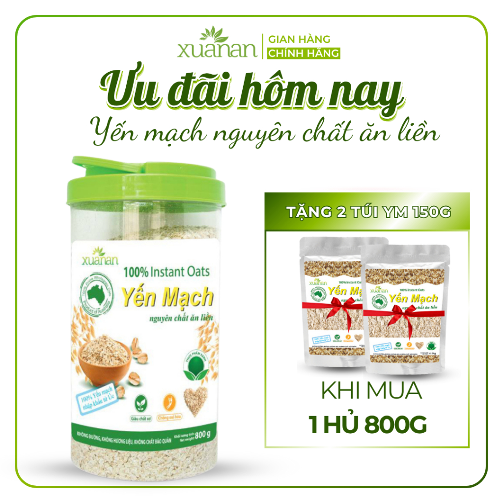  Yến Mạch Nguyên Chất Ăn Liền Xuân An  ko đường  Hộp 800G  Tặng kèm 2 túi Yến Mạch 150g  