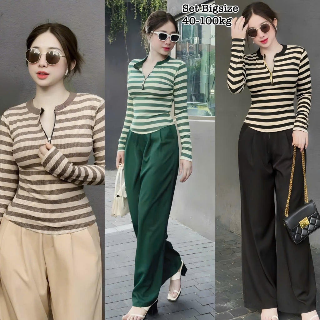 Set Bộ Tay Dài Thun Tăm Bigsize Body Sọc Ngang Che Giấu Bụng Áo cổ tròn có khóa kéo mix Quần Đũi Vân