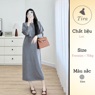 Váy len bầu dài tay TIRA MAMA M317 Váy suông công sở Váy len mtg giả choàng đính ngọc
