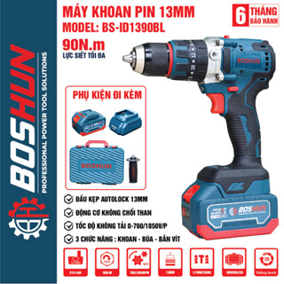 Khoan pin 3 chức năng Boshun BS-ID1390BL Không chổi than, đầu cặp 13mm có autolock ruột đồng 100%