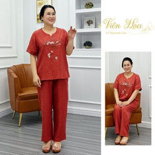 Set Bộ Trung Niên Sang Trọng Mặc Nhà Quần Đùi Cổ Tròn Vải Đũi Vân Mây, Đồ Trung Niên Cho Mẹ Thanh Lịch Tặng Mẹ