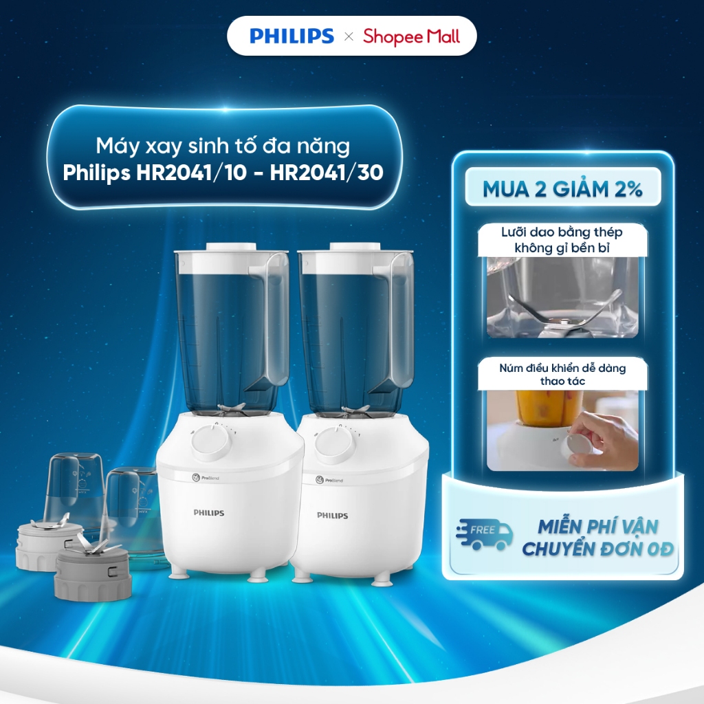 Máy xay sinh tố đa năng Philips HR2041/30 - HR2041/10 - Công suất 450W - 2 cối - BH 24 tháng