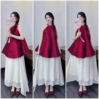  Sét váy thiết kế nàng thơ nhẹ nhàng sét áo gấm babydoll cổ yếm đỏ phối chân váy voan kem 2 lớp dáng dài xoè thanh lịch 