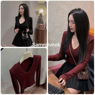  A40- Áo thun cổ tim lót lông có độn vai  loại đẹp  tay dài dáng ôm body nữ Sammivnxk Áo giữ nhiệt nữ❤️Freeship 