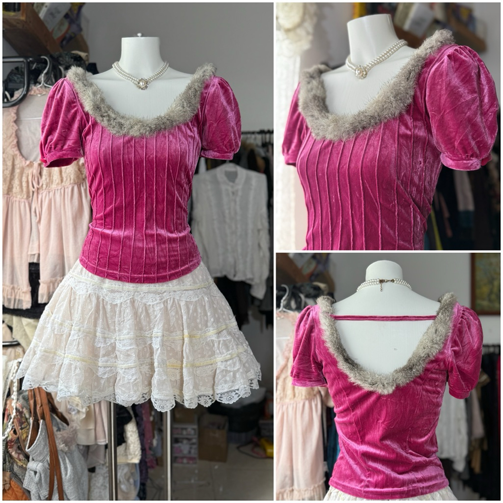 [2hand_thrift] Áo nhung phối lông S M ngực 70-84 eo 66-84 dài 50