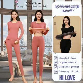 Bộ quần áo giữ nhiệt nữ dài tay áo giữ nhiệt nữ cao cấp quần giữ nhiệt lông cừu cổ tròn co giãn siêu ấm áp