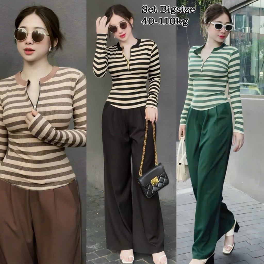 Set Bộ Tay Dài Thun Tăm Bigsize Body Sọc Ngang Che Giấu Bụng Hot Hit Áo cổ tròn có khóa kéo mix Quần