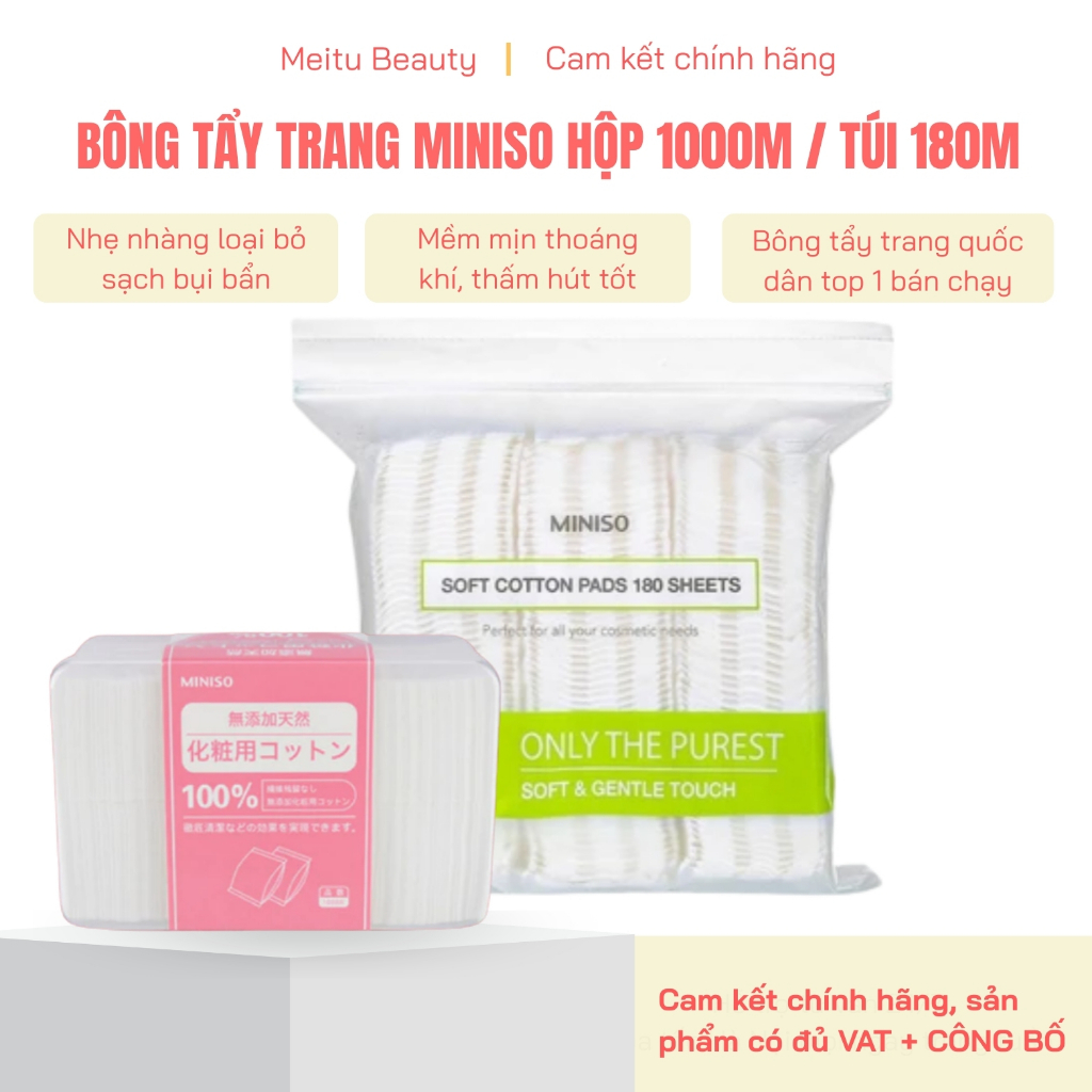 Bông tẩy trang Miniso Nhật 180 miếng, Combo bông tẩy trang cotton mềm mịn thấm hút tốt, Meitu Beauty