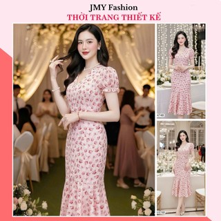 V4748 Váy hồng hoa nhí dáng ôm đuôi cá dài nữ tính [Dolce Viva Colection (DVC)] váy hoa nhí hồng cổ V đuôi cá sang chảnh