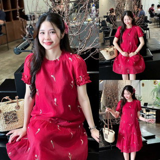 EVERMOM l Đầm bầu Rimi voan tơ hoa tulip đuôi cá tay bèo đôi 