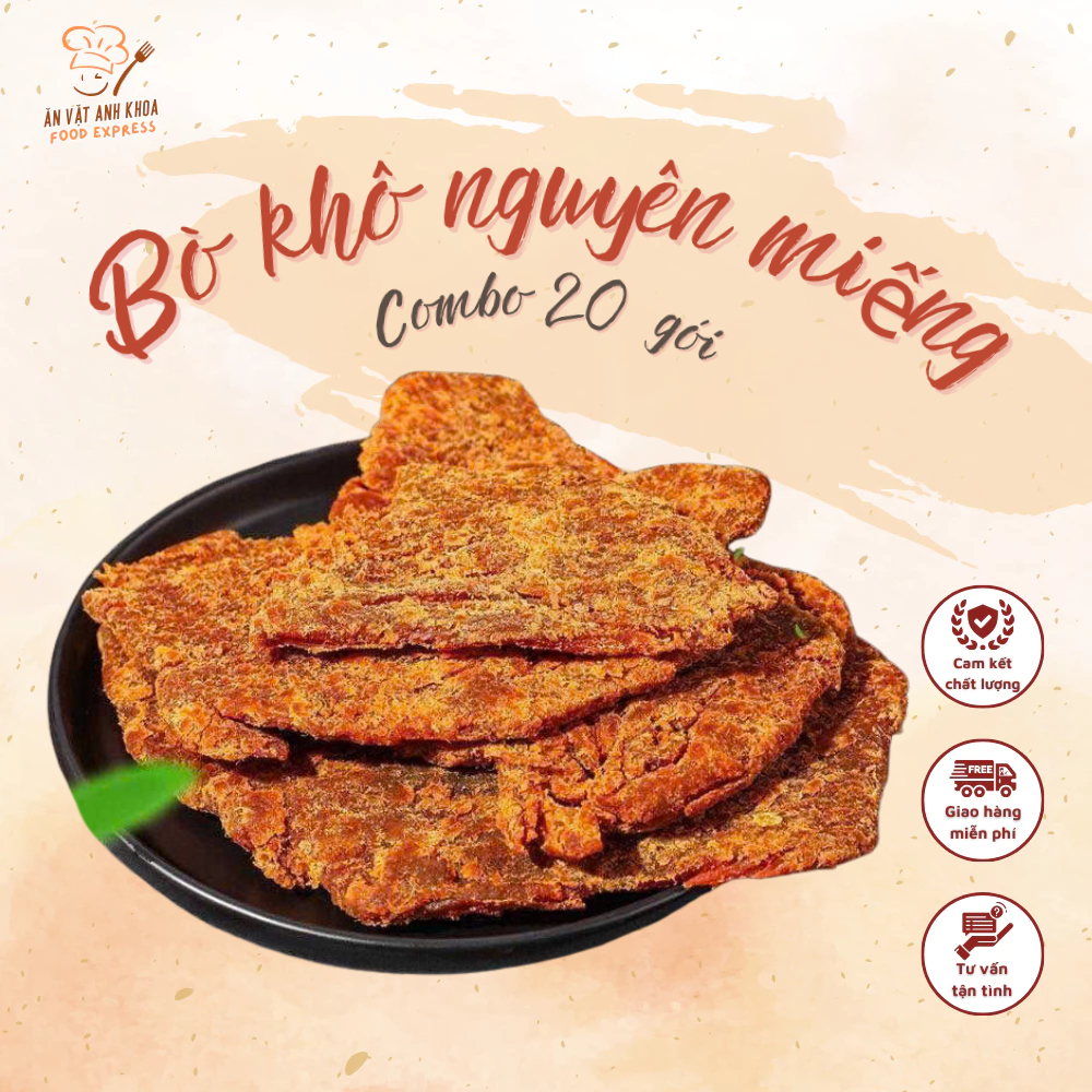 (Combo 20 gói) Bò khô nguyên miếng  thơm ngon Ăn Vặt Anh Khoa Food Express