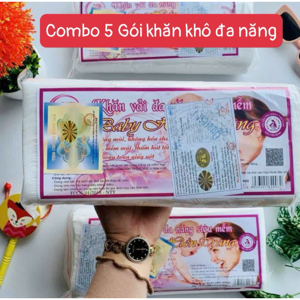 (Bao giá toàn quốc)Combo 5 Gói Khăn khô đa năng Hiền Trang mềm mịn thấm hút tốt không gây kích ứng mọi làn da cho em bé