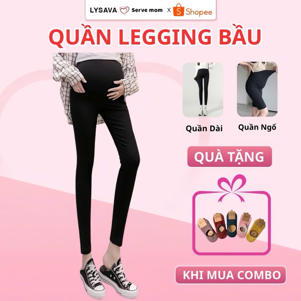 Quần Legging Bầu Đáp Bụng Lysava, Quần Legging Bầu Có Chun Điều Chỉnh Chất Cotton Co Giãn 4 Chiều LGD1