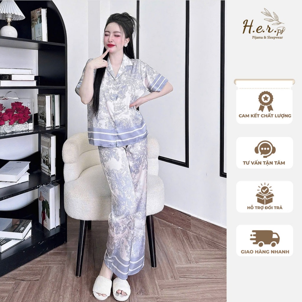 Đồ bộ nữ pijama mặc nhà tay ngắn quần dài chất lụa latin cao cấp mềm mát