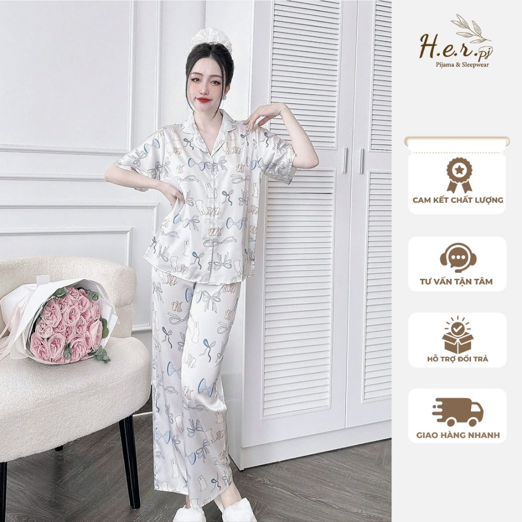 Đồ ngủ nữ mặc nhà pijama lụa latin cao cấp tay ngắn họa tiết dễ thương có bigsize