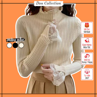  Áo Len Cổ Lọ Nữ Chất Len Dệt Co Giãn Form Ôm Gọn Dệt Gân Sọc Dọc Viền Phối Ren - Du Lịch - Dạo Phố - Mã TA090 