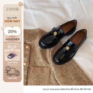 Giày Lười/ Loafer Nữ Da Mềm Trang Trí Họa Tiết Đồng Xu Hoa Trà Đế Cao 3cm Dễ Phối Đồ