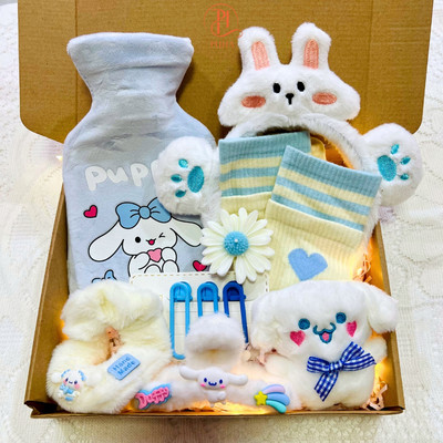 Combo quà tặng túi chườm bụng Capybara 400ml Puha có hoa, băng đô, kẹp tóc, tất, dễ thương cute