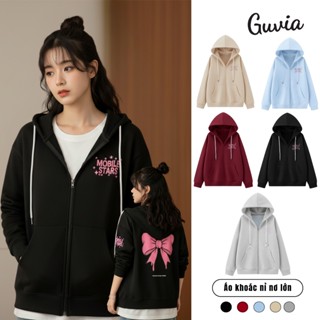 Áo Khoác Nỉ Form Rộng In Nơ Hồng Ulzzang, Áo Hoodie Nỉ Có Mũ Chống Nắng GUVIA AKN18