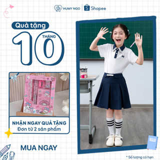 [HUMYNGO] - Áo, váy đồng phục đi học bé gái, áo cổ đính nơ, chân váy xếp ly xanh than cho trẻ em 6 đến 12 tuổi [144+150]