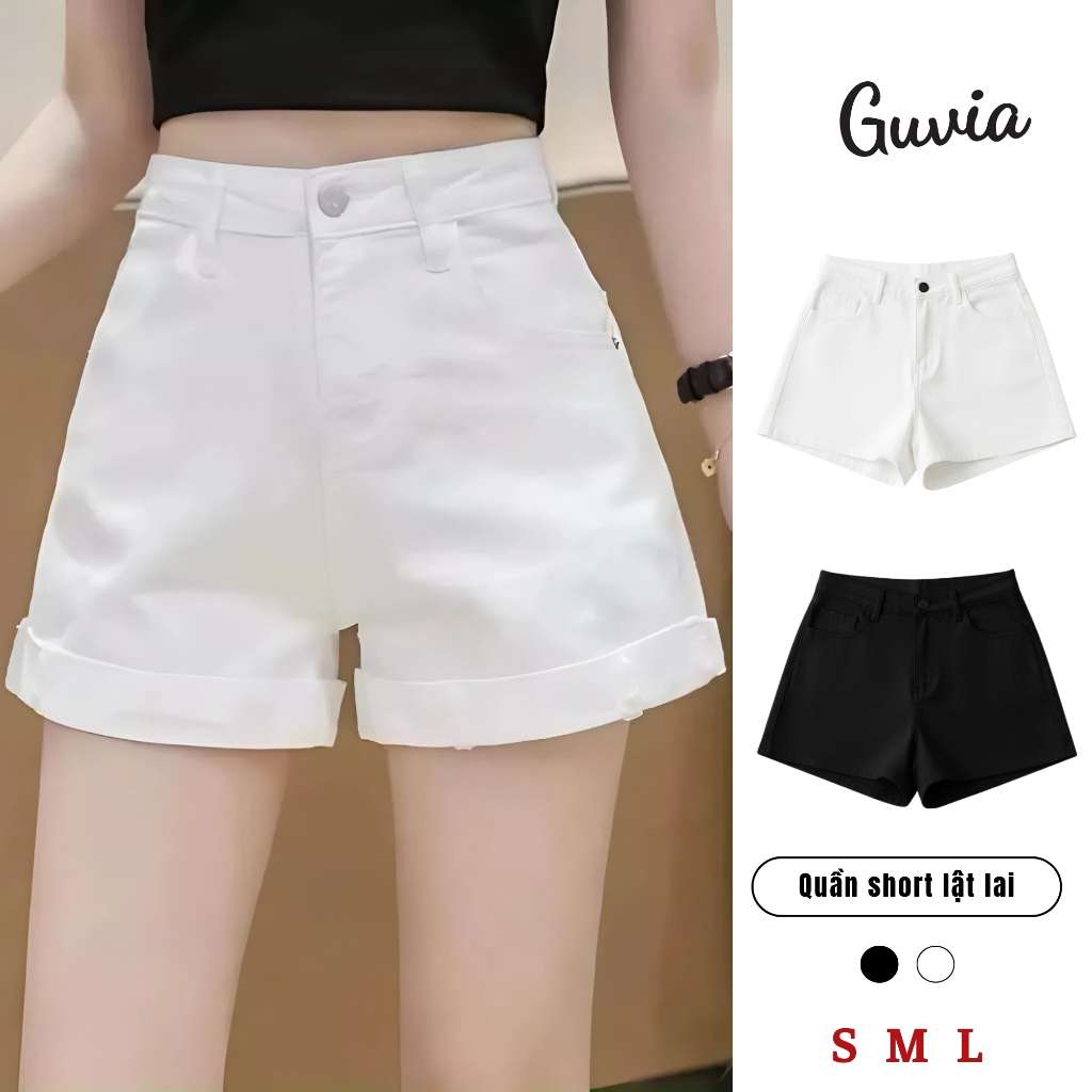 Quần SHORT LẬT LAI Nữ Lưng Cao Tôn Dáng Chất Jean Kaki, Vải Dày Đẹp Cao Cấp GUVIA QU17