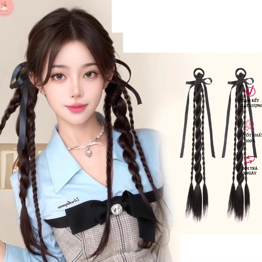 🥥coconut🥥Tóc giả tết bím kèm nơ ruy băng, tóc giả thắt bính 2 bên, tóc giả tết có nơ
