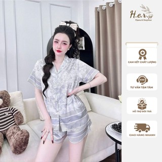 Đồ ngủ nữ mặc nhà tay ngắn quần đùi pijama lụa latin cao cấp mềm mát họa tiết rừng sang trọng