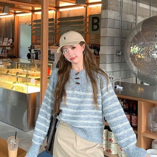  Áo Len Sweater Dáng Dài From Rộng Tay Dài Áo Len Lông Thỏ Cổ Tròn Cài Cúc Gỗ Sừng Phối Kẻ Ngang Phong Cách Vintage Matm 