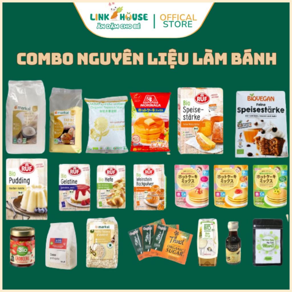 Combo Bột Nguyên Liệu Làm Bánh Hữu Cơ Bữa Phụ Cho Bé, Bột Mì, Bột Bắp, Bột Nở, Gelatin