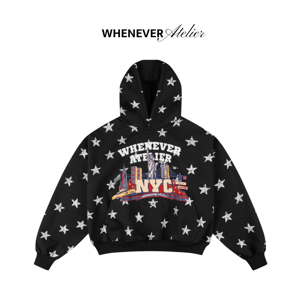 WHENEVER Áo Hoodie Whenever Star Girl Hoodie Form Boxy Vải Nỉ Bông/ Black