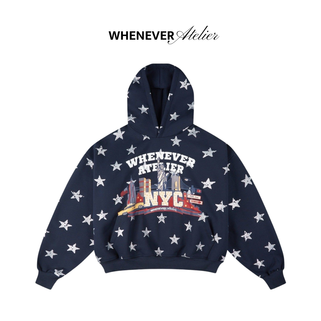 WHENEVER Áo Hoodie Whenever Star Girl Hoodie Form Boxy Vải Nỉ Bông/ Xanh navy