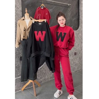   BIGSIZE  496 Set Bộ Thể Thao Nữ Nỉ 2 Da Áo SWT Rộng Thêu W Kèm Quần Cạp chun Năng Động bộ thu đông 