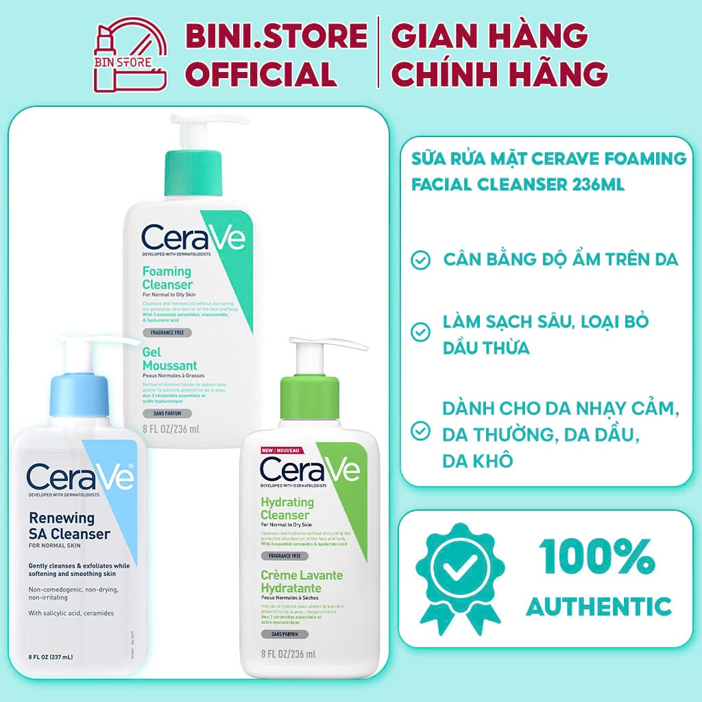 Sữa Rửa Mặt Cerave, Srm Carave Làm Sạch Dịu Nhẹ, Cấp Ẩm, Giảm Mụn Phù Hợp Mọi Loại Da 236ml