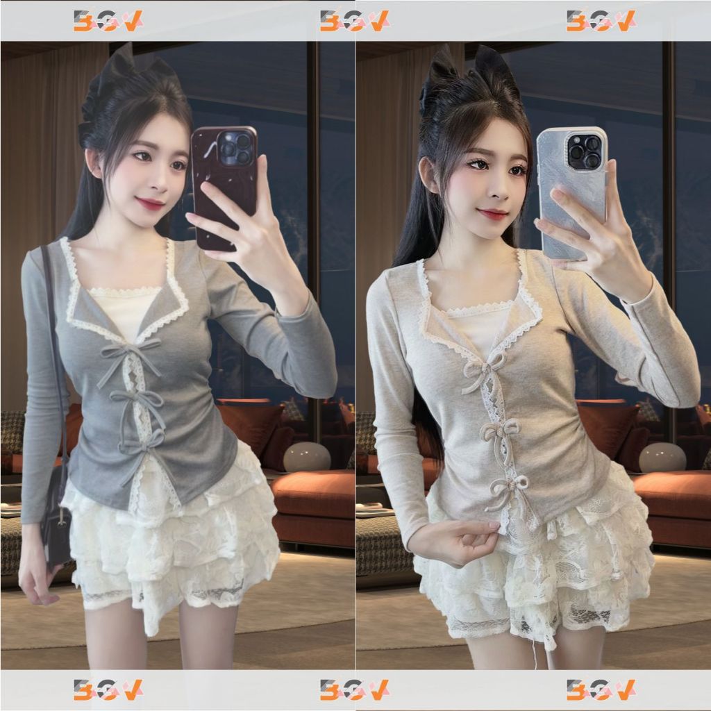Áo kiểu phối ren BGV, 3 dây nơ, nhún v2  tôn dáng ,vải Tăm lông thỏ co giãn 4 chiều | BigBuy360 - bigbuy360.vn