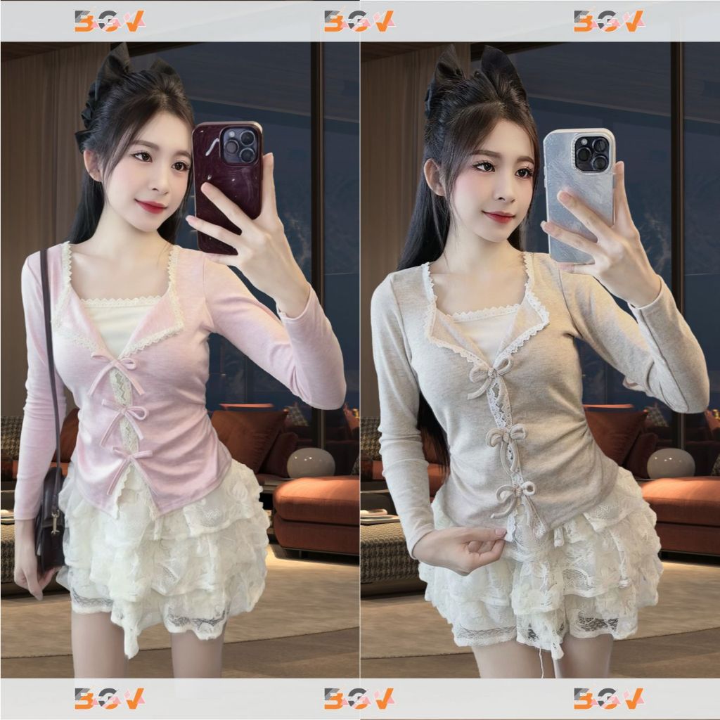 Áo kiểu phối ren BGV, 3 dây nơ, nhún v2  tôn dáng ,vải Tăm lông thỏ co giãn 4 chiều | BigBuy360 - bigbuy360.vn