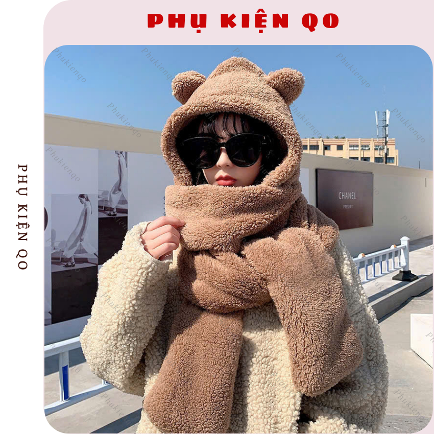 Mũ lông tai gấu kèm khăn kèm gang tay tiện lợi KH20 | BigBuy360 - bigbuy360.vn