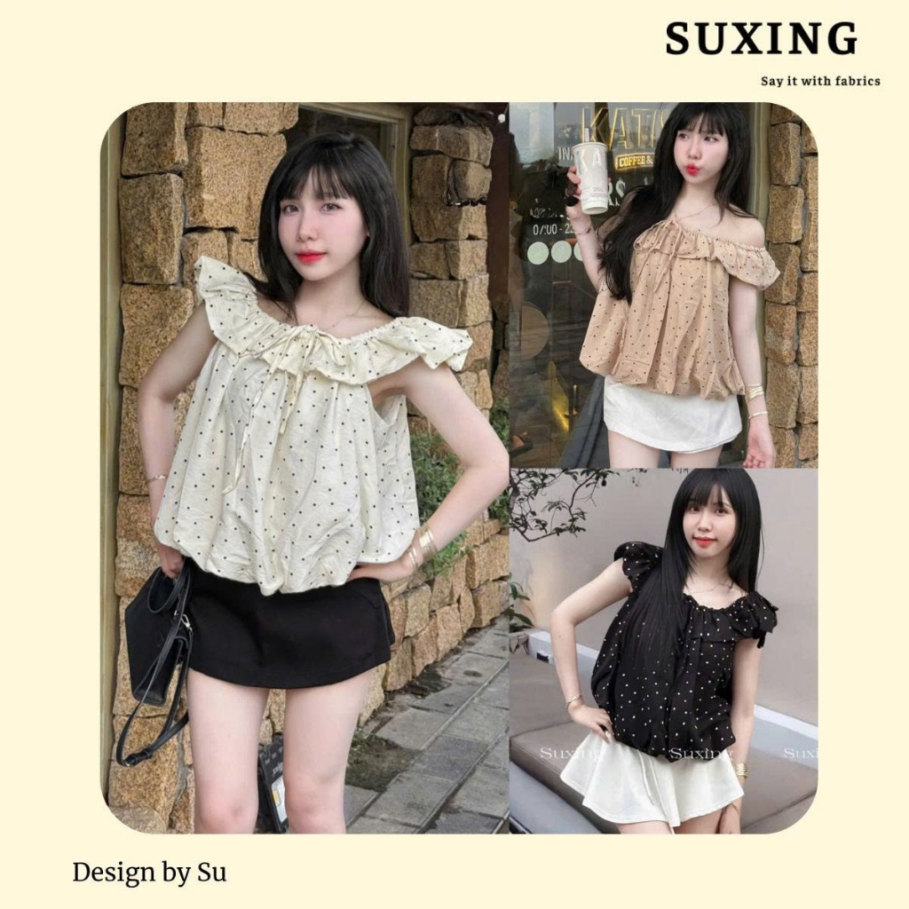 {BST hè 2025} Áo kiểu trễ vai nữ Babydoll tay bồng thiết kế chấm bi - Suxing - S246