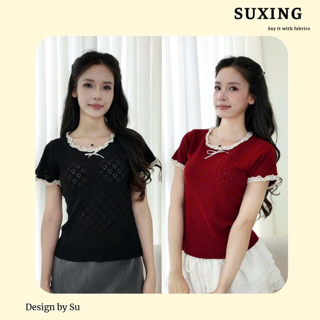 Áo len cộc tay form ngắn phối viền ren nơ xinh xắn - Suxing - AH40