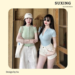 Áo Body Tay Ngắn Phối Cúc, Áo Kiểu Ôm Body Ngắn Tay Chất Thun Sexy - SU.XING - S166
