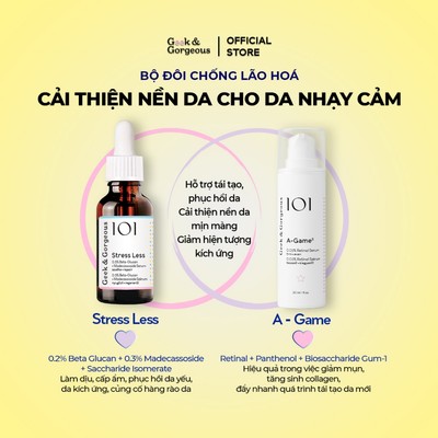 Bộ đôi chống lão hóa, cải thiện nền da cho da nhạy cảm Geek&Gorgeous Stress Less + A-Game 30ml+30ml