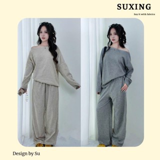 Set Áo Lệch Vai Kèm Quần Ống Suông, Chất Liệu Len Lông Thỏ Mềm Mại - Suxing - S132