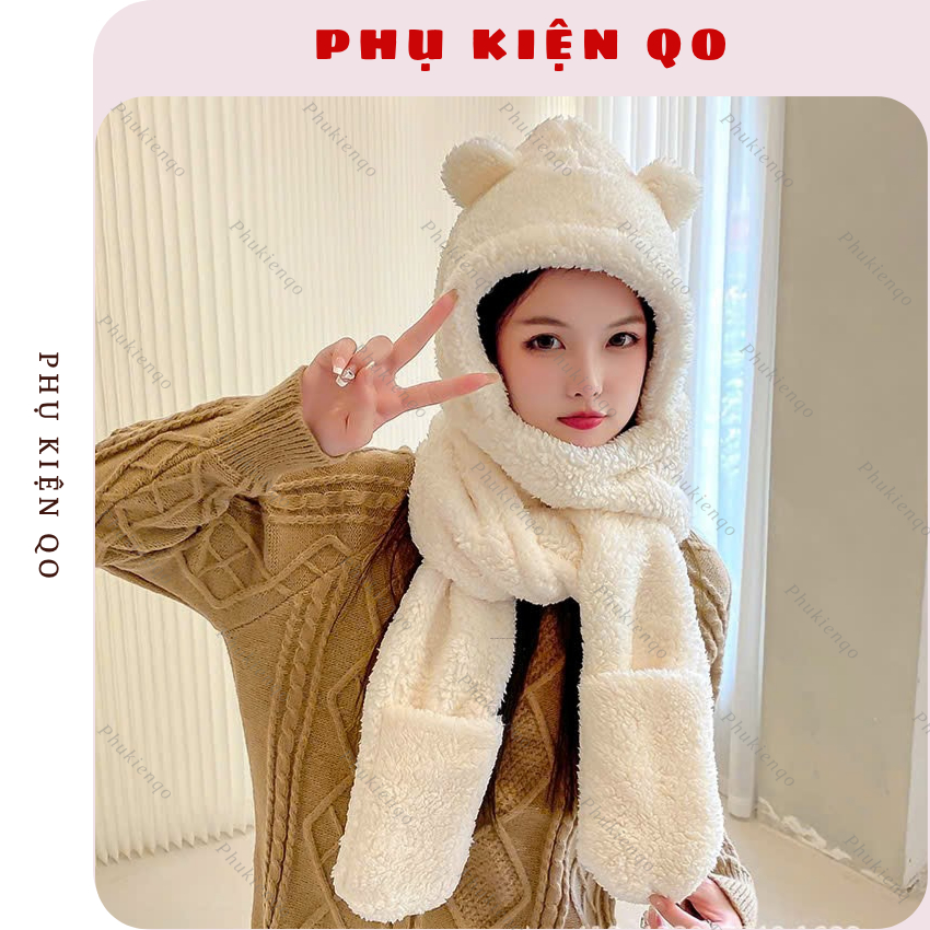 Mũ lông tai gấu kèm khăn kèm gang tay tiện lợi KH20 | BigBuy360 - bigbuy360.vn