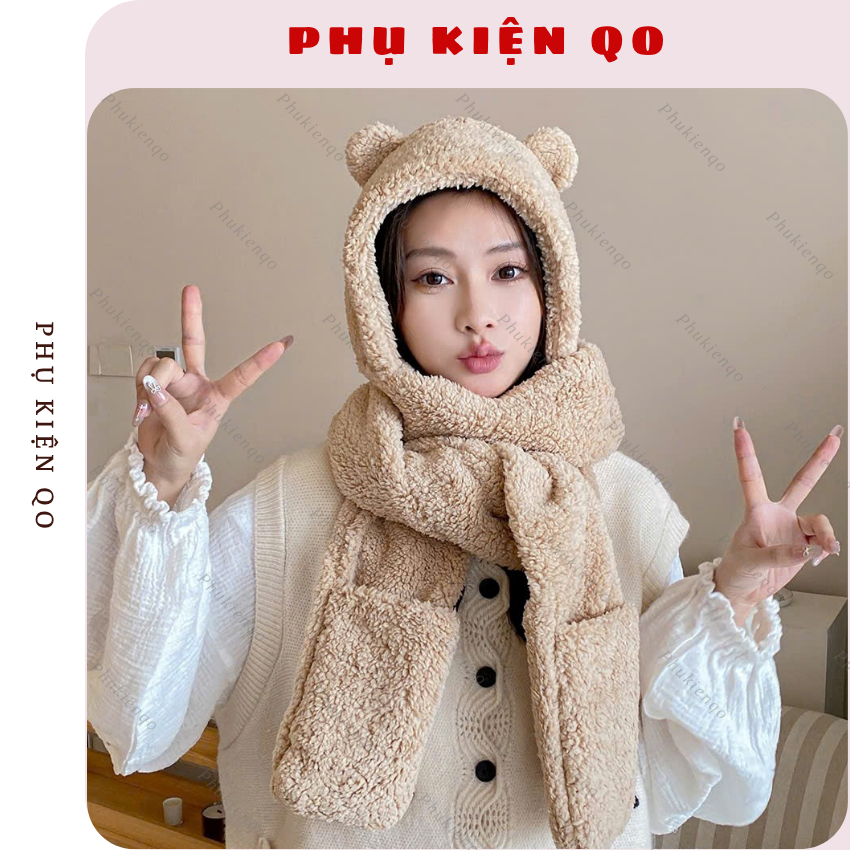 Mũ lông tai gấu kèm khăn kèm gang tay tiện lợi KH20 | BigBuy360 - bigbuy360.vn