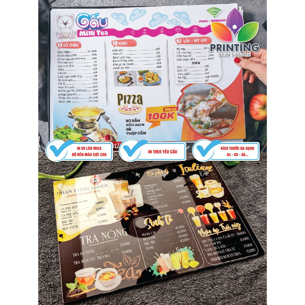 [HCM Hỏa tốc] Bảng MENU A4 A5 A6, menu mica in uv, menu trà sữa in theo yêu cầu