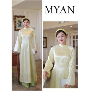  Áo dài HỒ ĐIỆP áo dài truyền thống chiết eo tay loe vải gấm cao cấp dày dặn màu vàng - Áo Dài Mỹ An 